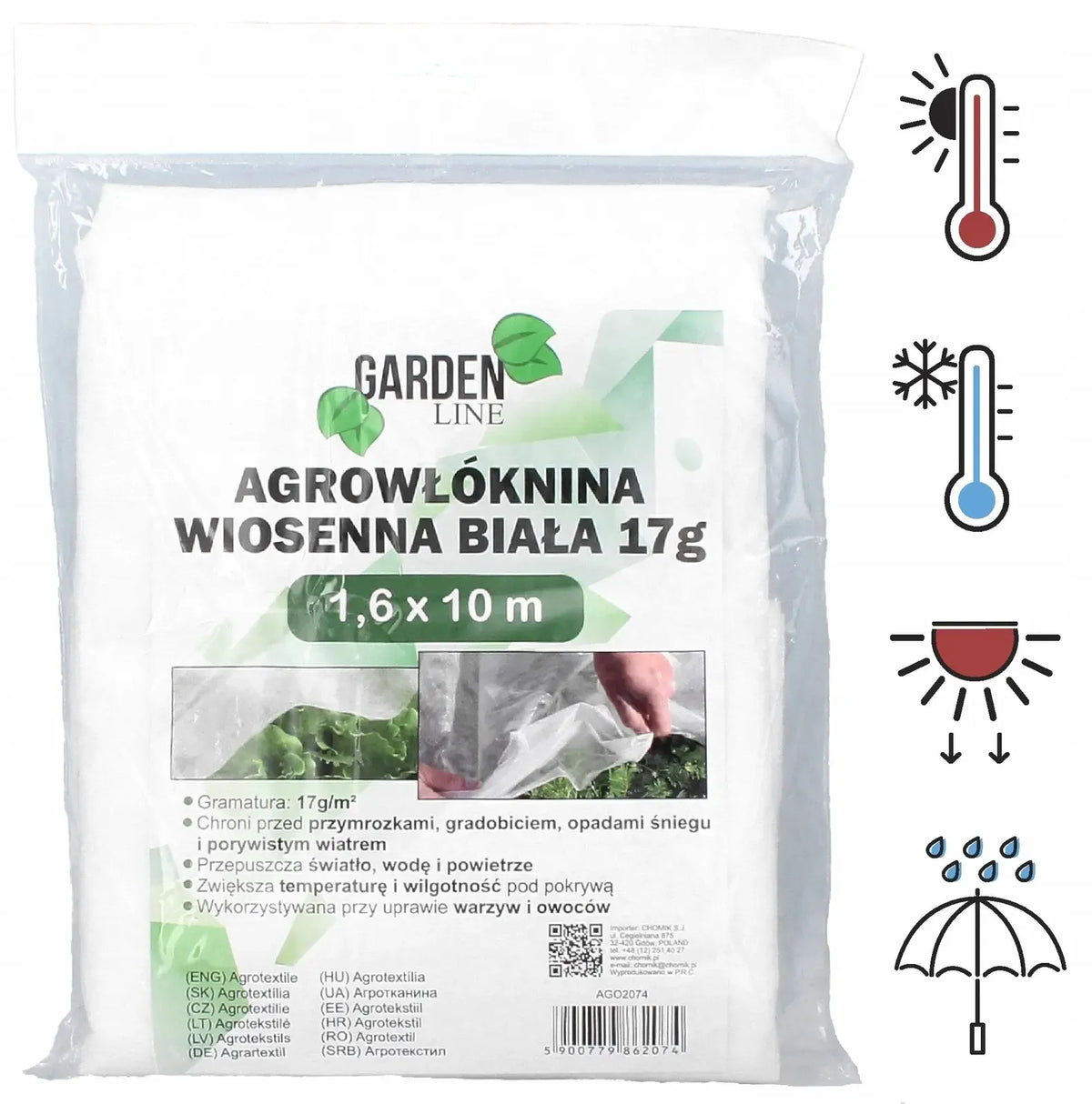 Pavasarinė balta agroplėvelė 1,6 x 10 m, 17 g/m², tinkama augalų apsaugai ir šilumos išlaikymui.