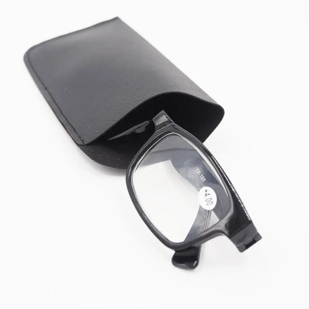 Elegantiškas dirbtinės odos akinių dėklas, saugiai laikymui, tamsaus atspalvio, su užtrauktuku ir minimalistiniu dizainu.