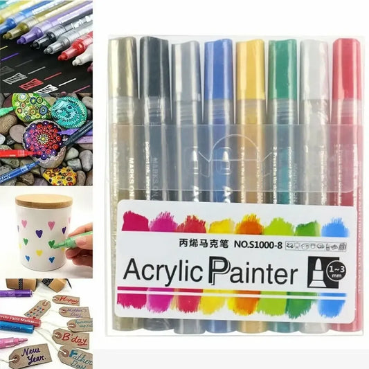 Akrilinių dažų markeriai Acrylic Painter, 8 vnt., įvairių spalvų, su storais ir plonais antgaliais, tinkami meniniam ir amatų darbui