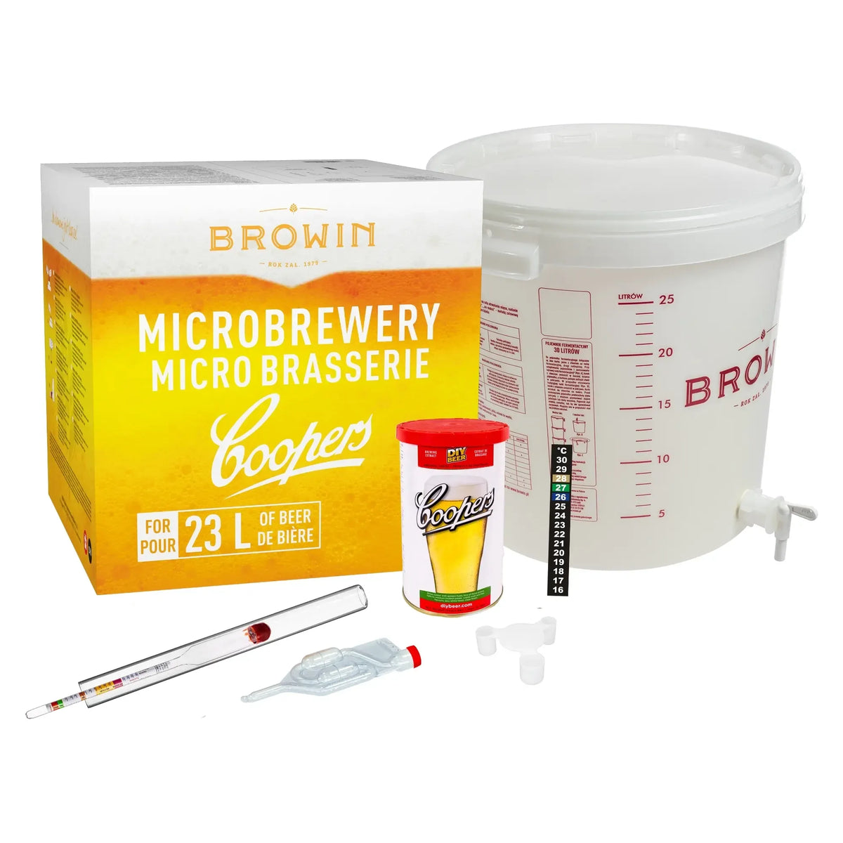 Alaus gamybos rinkinys MicroBrewery ECO 2 su įvairiais ingredientais ir įrankiais namų alaus darymui, išsamiai paruoštas.