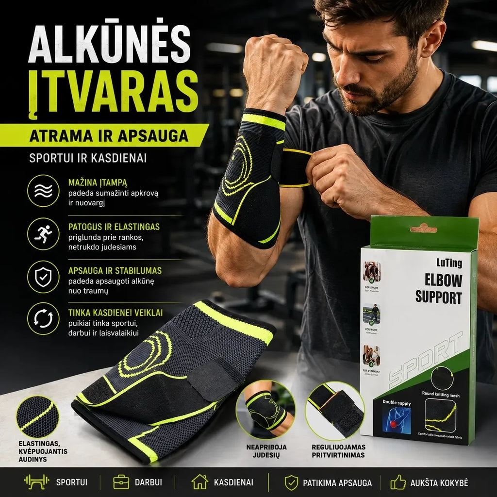 Alkūnės įtvaras XLINE TR1630, parodytas iš priekio, su reguliuojamomis juostomis ir tvirtomis medžiagomis, skirtas alkūnės stabilizacijai.