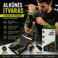 Alkūnės įtvaras XLINE TR1630, parodytas iš priekio, su reguliuojamomis juostomis ir tvirtomis medžiagomis, skirtas alkūnės stabilizacijai.