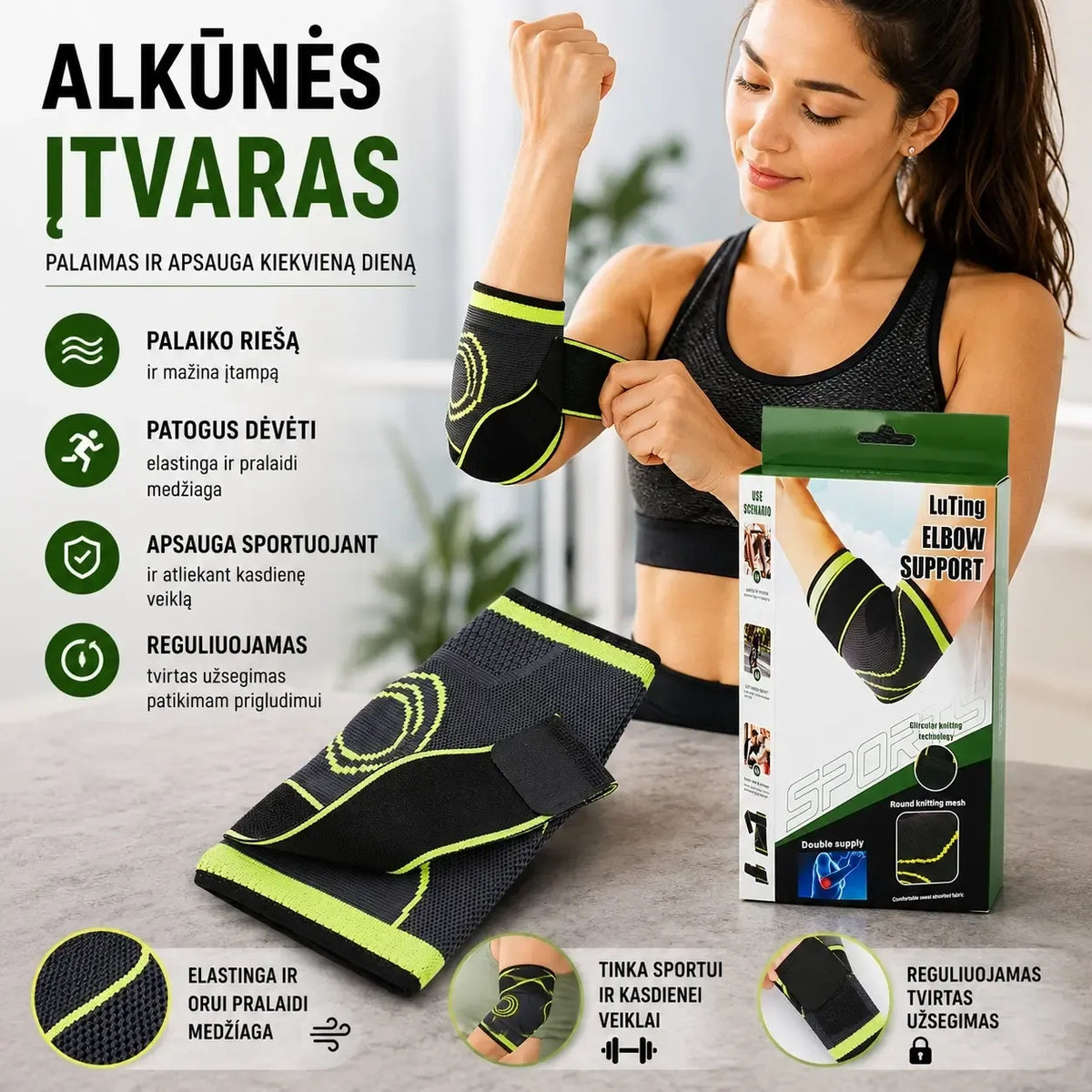 Alkūnės įtvaras XLINE TR1630 su elastiniu tinklu ir reguliuojamomis juostomis, skirtas paramai ir komfortui.