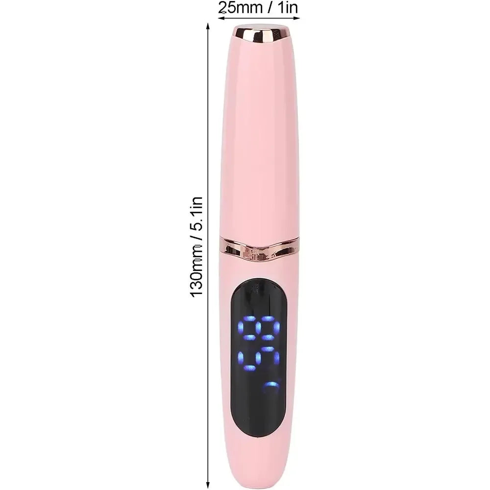 Šildomas blakstienų rietiklis su USB-C įkrovimu, rodomas su reguliuojamu temperatūros valdymu ir patogiu rankena.