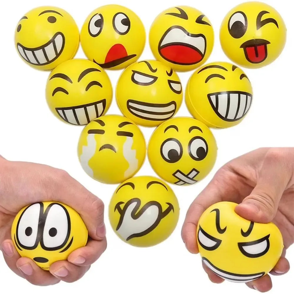 Antistresinis kamuoliukas „Emoji“ su spalvingais emocijų ženklais, minkštas ir lankstus, skirtas atpalaiduoti ir sumažinti stresą.