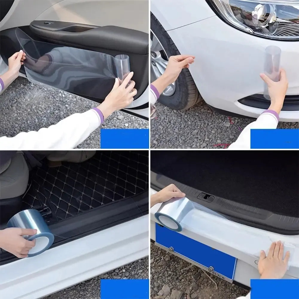 Skaidri automobilių apsauginė lipni juosta, skirta apsaugoti dažus nuo įbrėžimų ir dėmių, matomas automobilių plėvelėje