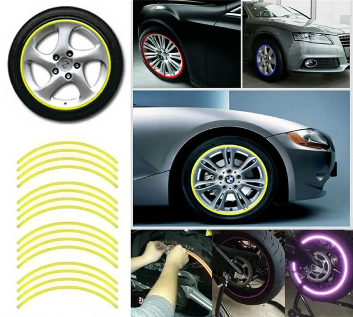 Geltoni šviesą atspindintys ratų lipdukai, apsaugantys automobilių ratų sritį, matomi iš arti.