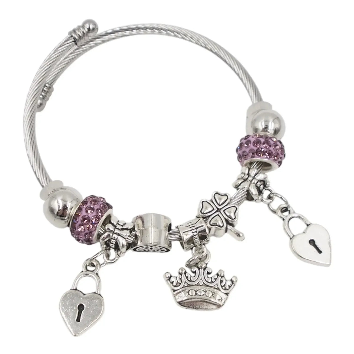 Sidabrinė ir violetinė moteriška apyrankė su pakabukais, elegantiška ir stilinga aksesuaras.
