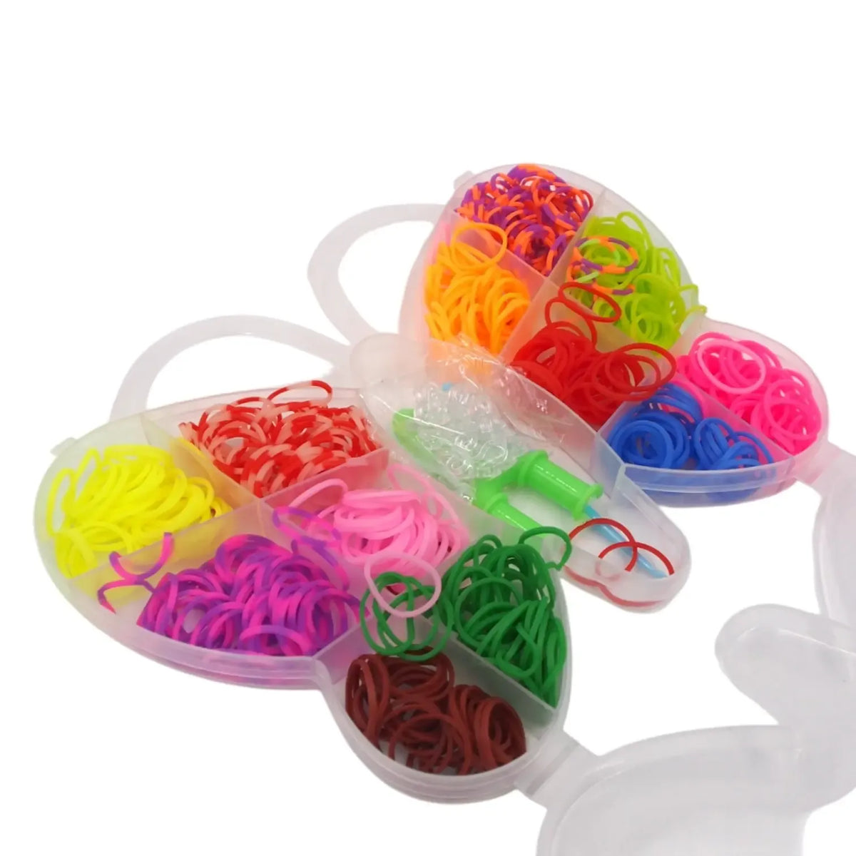 Loom Bands apyrankių pynimo rinkinys su drugelio formos dėžute, daug spalvingų guminių juostelių ir pynimo priemonių.