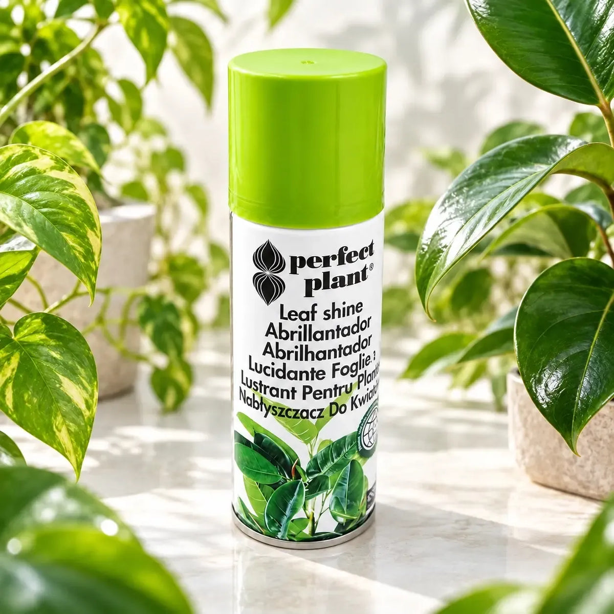 Augalų lapų blizgiklis „Perfect Plant“, 200 ml, skaidrus buteliukas su purkštuvu, skirtas žaliems lapams žvilgesniam išvaizdžiui.