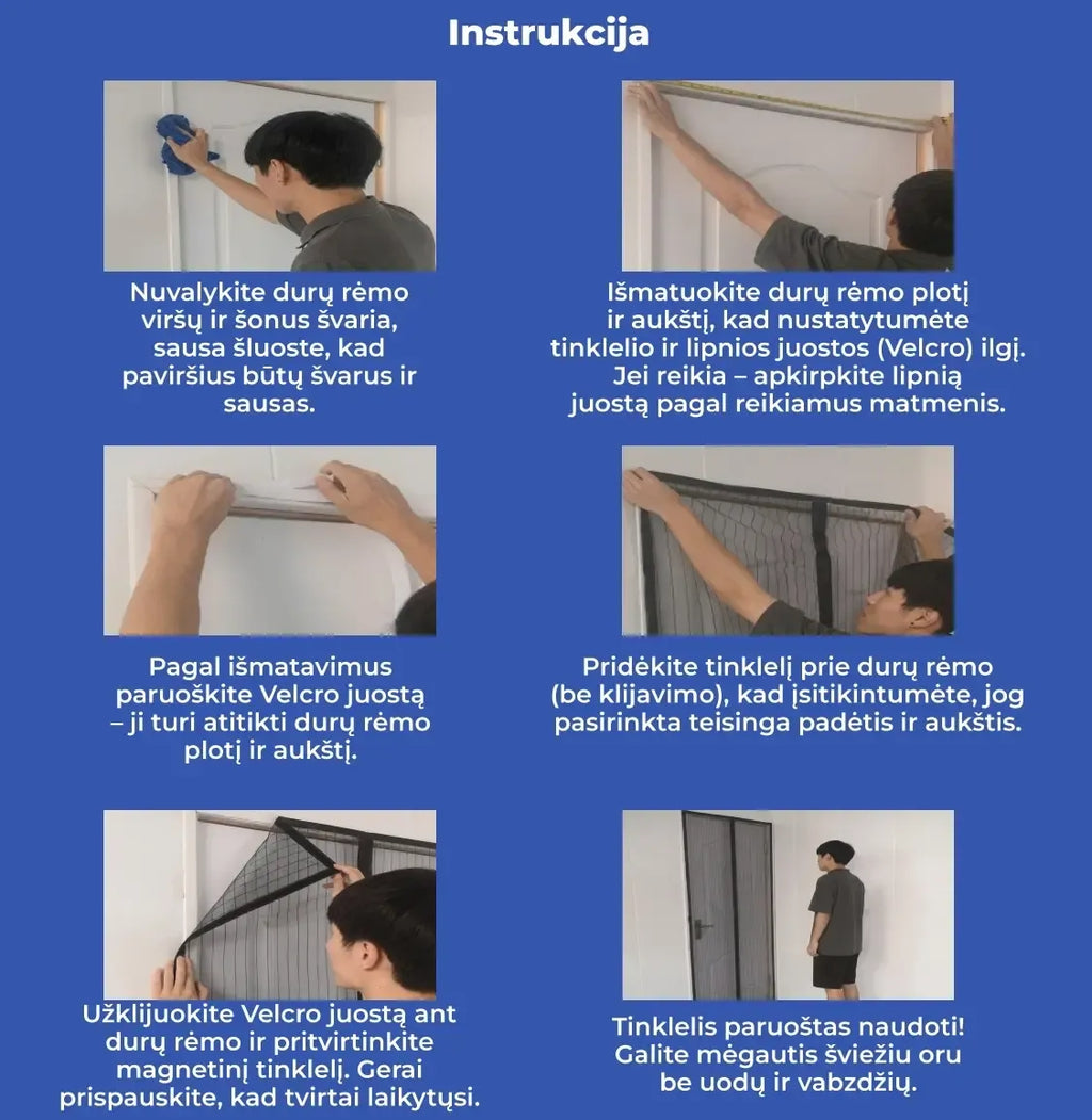 Aukštos kokybės magnetinis durų tinklelis nuo vabzdžių, 210x100 cm, matomas tinklelis ir magnetiniai užsegimai.