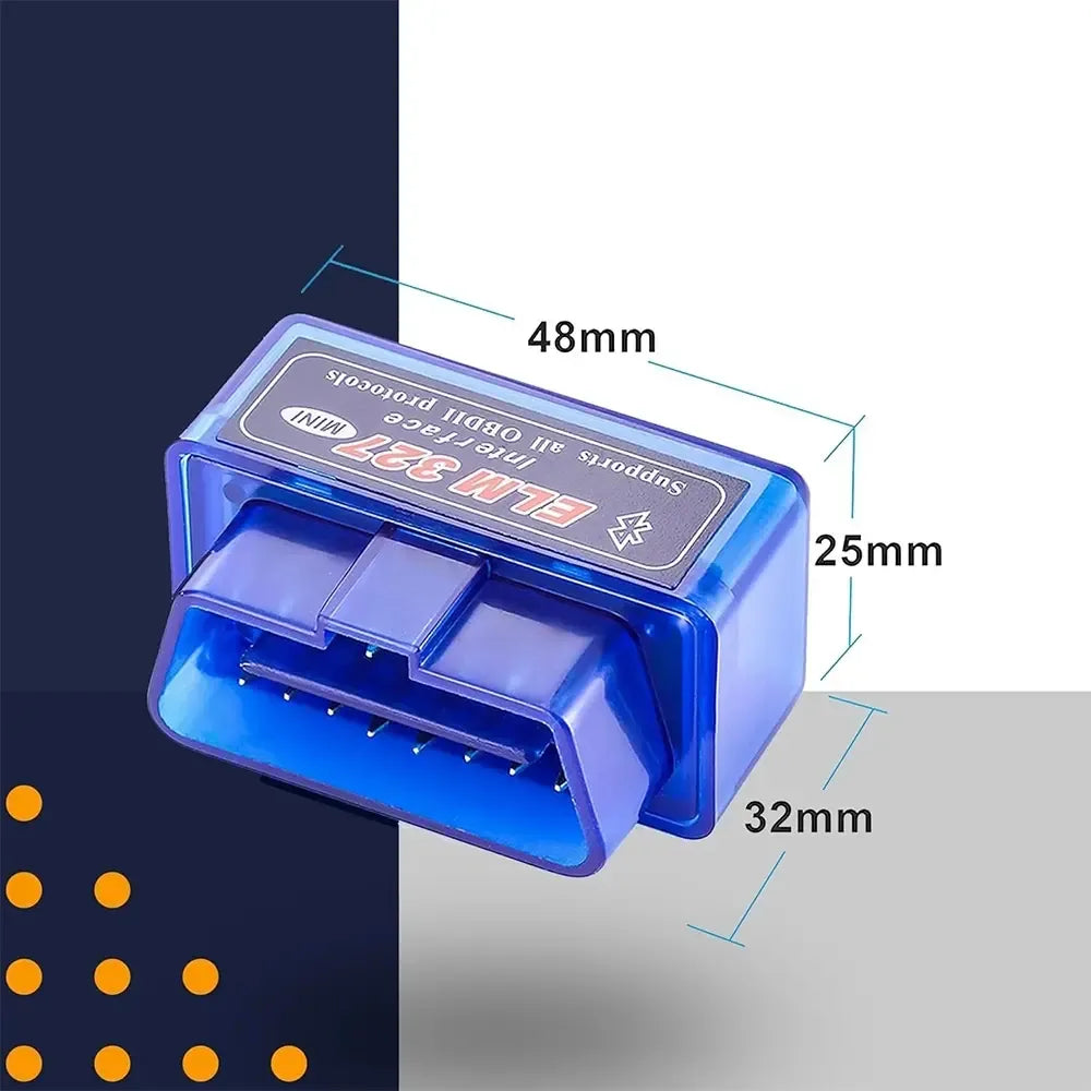 Automobilio diagnostinis skeneris ELM327 OBD2 Bluetooth, juodas ir kompaktiškas, su jungtimi prie automobilio OBD2 lizdo.
