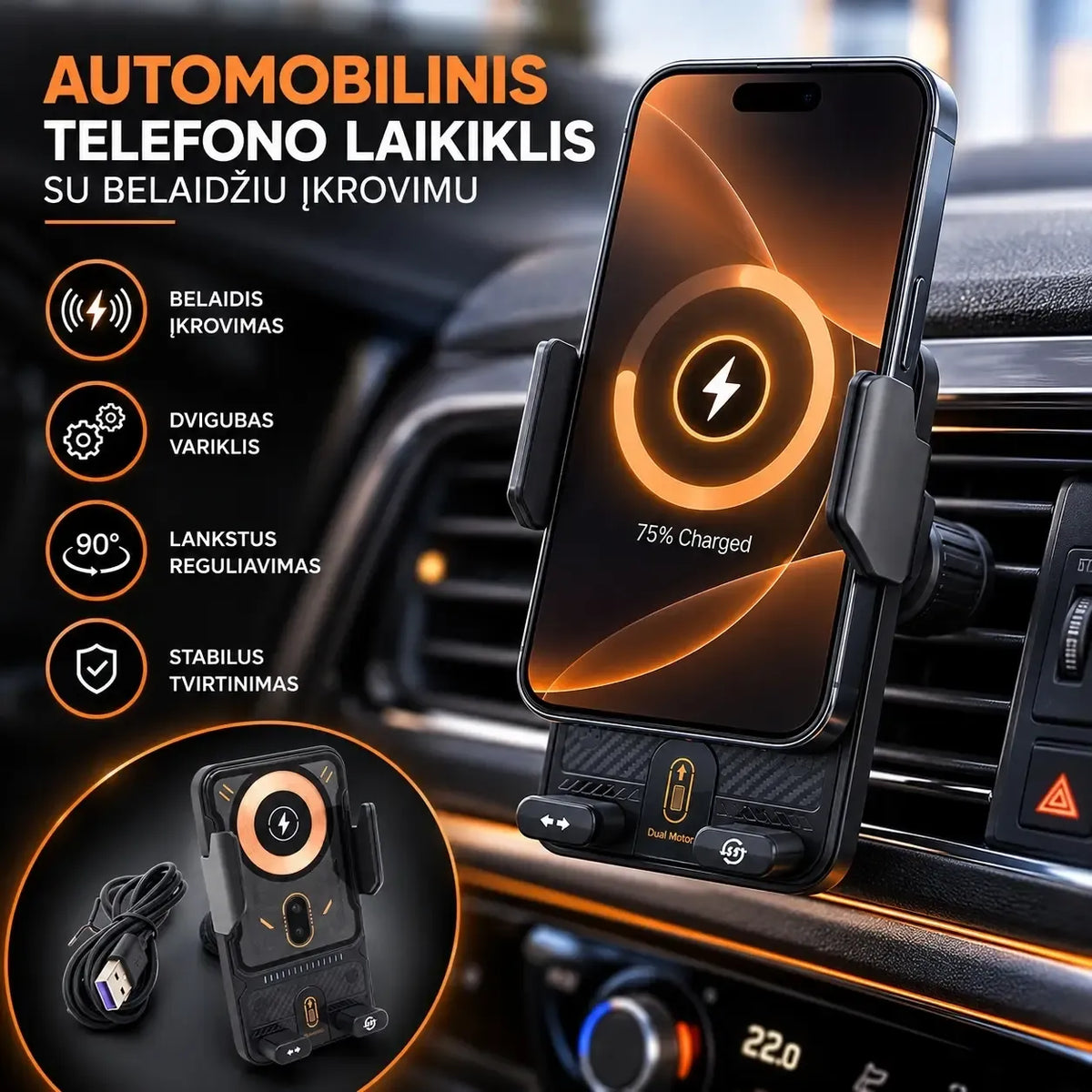 Automatinis automobilinis telefono laikiklis su belaidžiu įkrovimu TR2478C, tvirtai laikantis telefoną automobilio ventiliacijos angos.