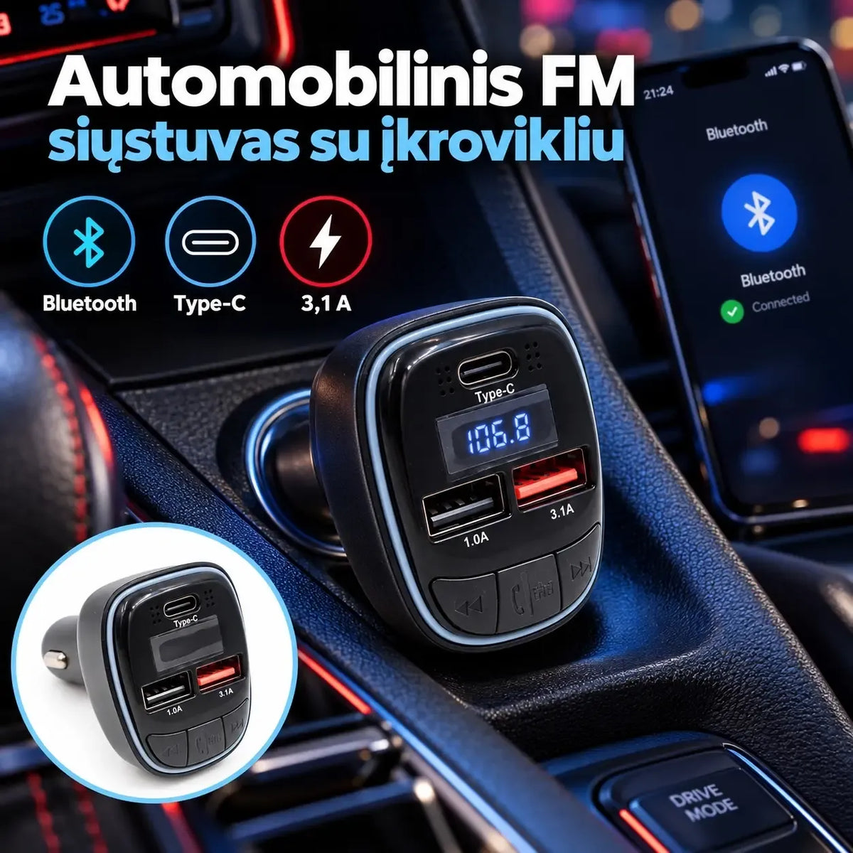 Automobilinis Bluetooth FM siųstuvas su įkrovikliu TR2477, juodas, matomas ekranas ir jungtys, prijungtas prie automobilio prietaisų.
