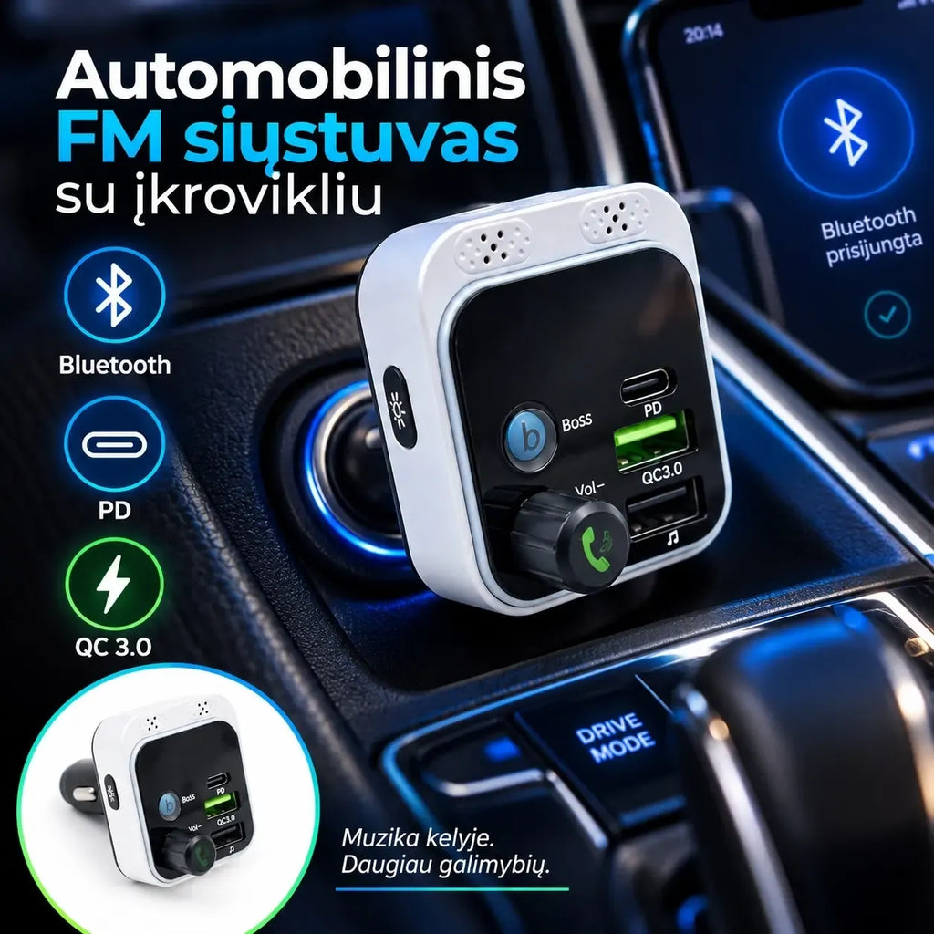 Automobilinis Bluetooth FM siųstuvas su įkrovikliu, kompaktiškas ir patogus naudoti automobilių garso sistemai.