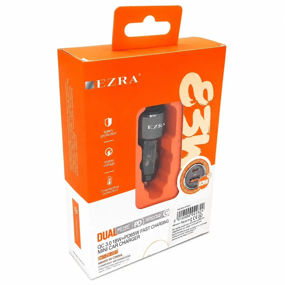 Automobilinis greitojo įkrovimo adapteris EZRA CR80 83 W, USB-C ir USB-A jungtys, kompaktiškas ir patogus naudoti automobilyje.
