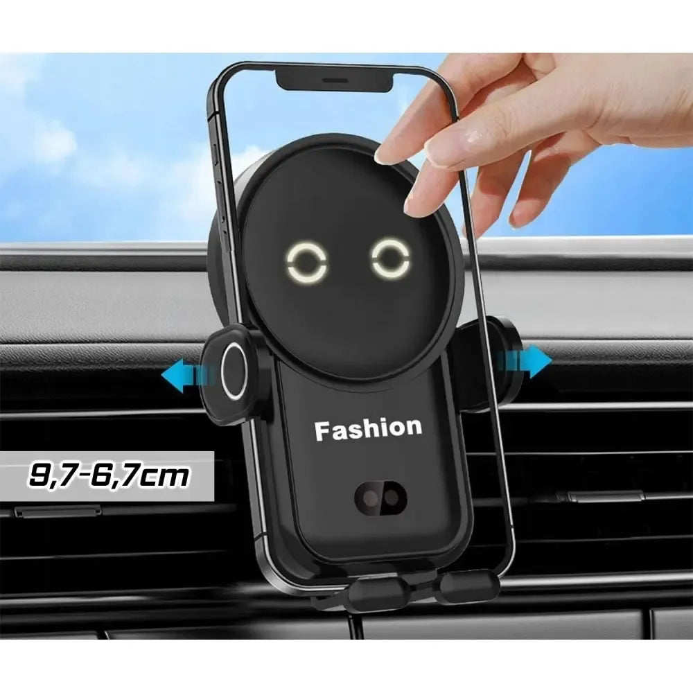 Automobilinis telefono laikiklis su belaidžiu įkrovimu Qi, tvirtinamas prie prietaisų skydelio, skirtas saugiam telefono laikymui ir įkrovimui.