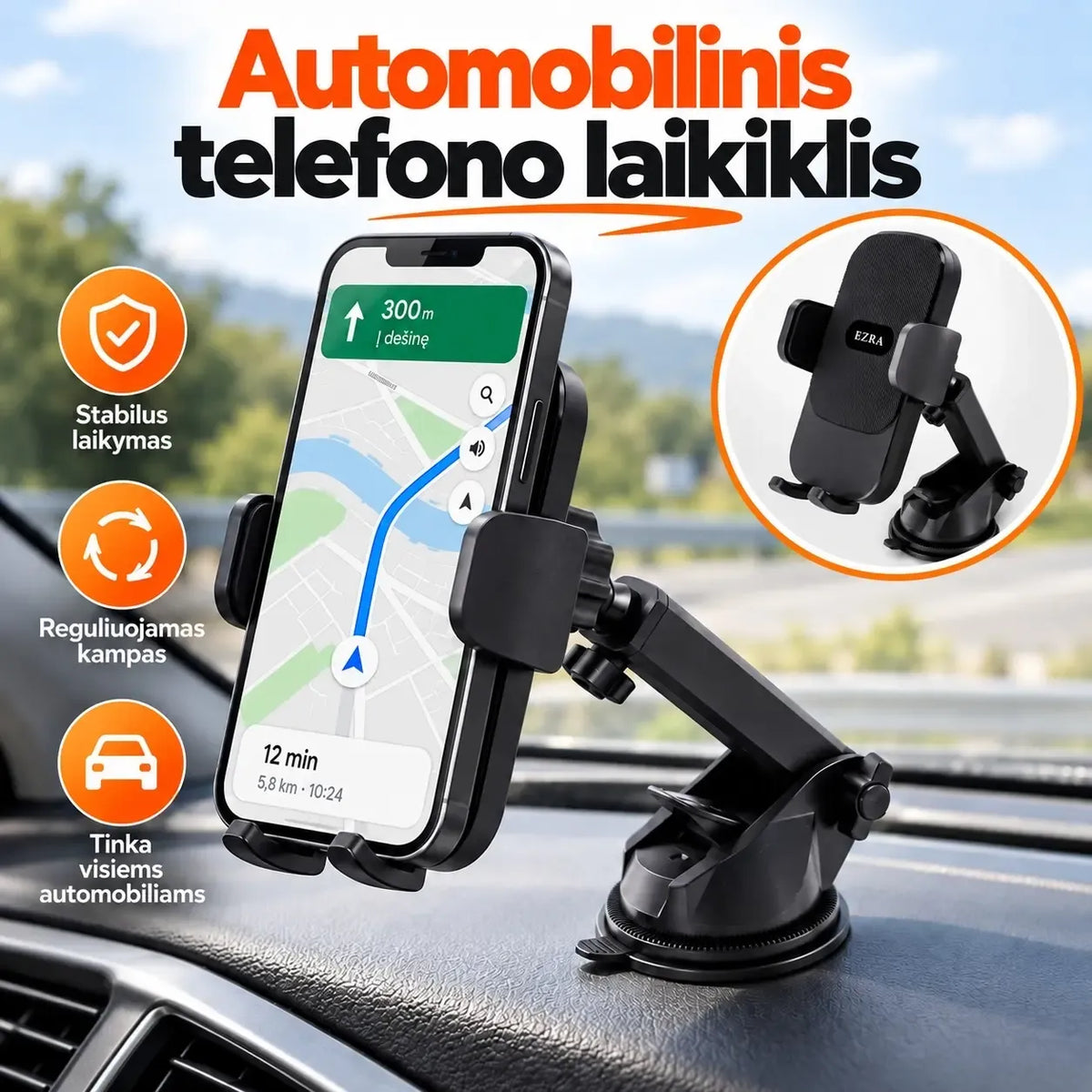 Automobilinis telefono laikiklis su siurbtuku EZRA HL146, tvirtas ir patogus automobiliui, skirtas saugiam telefonų laikymui.