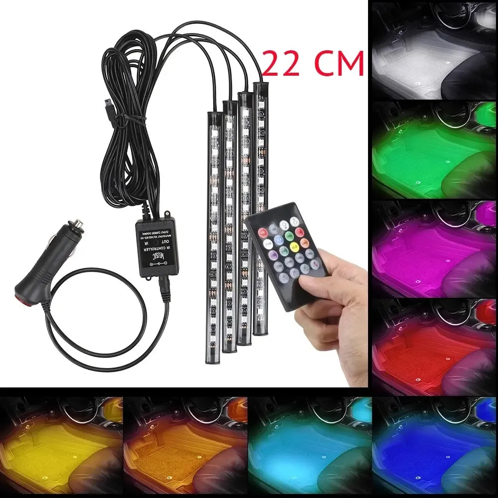 Automobilio LED RGB apšvietimo lazdelės, 22 cm ilgio, spalvingas apšvietimas automobiliui.