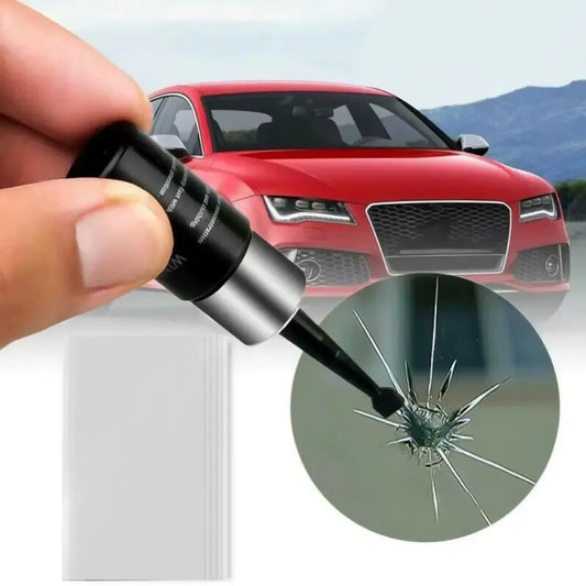 Automobilio priekinio stiklo įtrūkimų ir akmenukų žymių remonto rinkinys, įrankiai ir medžiagos stiklo remontui.