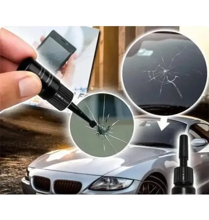 Automobilio priekinio stiklo įtrūkimų ir akmenukų žymių remonto rinkinys, matomos priemonės ir įrankiai stiklo remonto darbams.