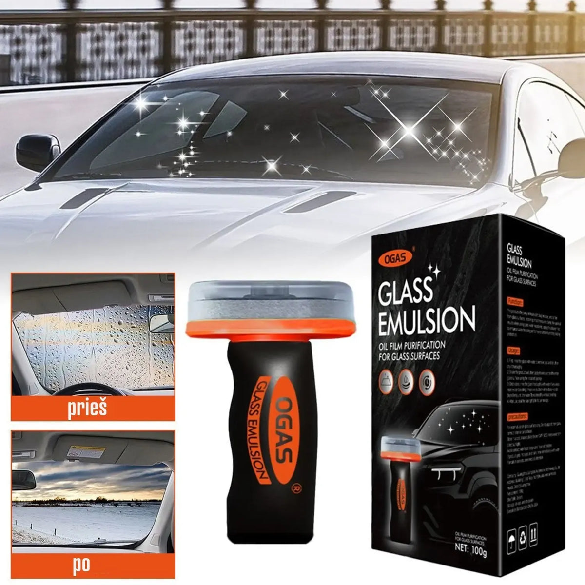 Automobilio stiklo valymo emulsija su aplikatoriumi, skirta švariems ir blizgantiems automobilio stiklams valyti.