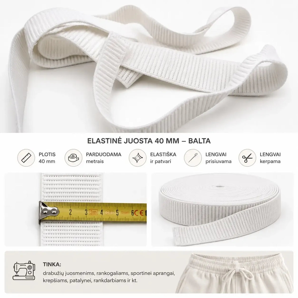 Balta elastinė juosta 40 mm, parduodama metrais, lanksti ir naudinga siuvimui bei rankdarbiams, matomas juostos tekstūra.