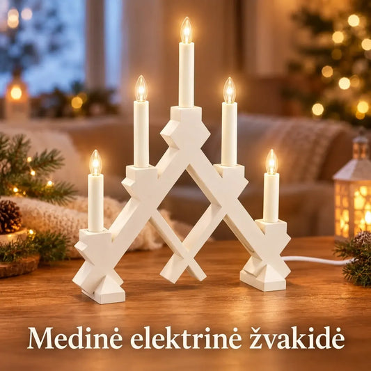 Balta medinė elektrinė žvakidė su penkiomis žvakėmis, matmenys 40 × 30 cm, namų interjero dekoracijai.