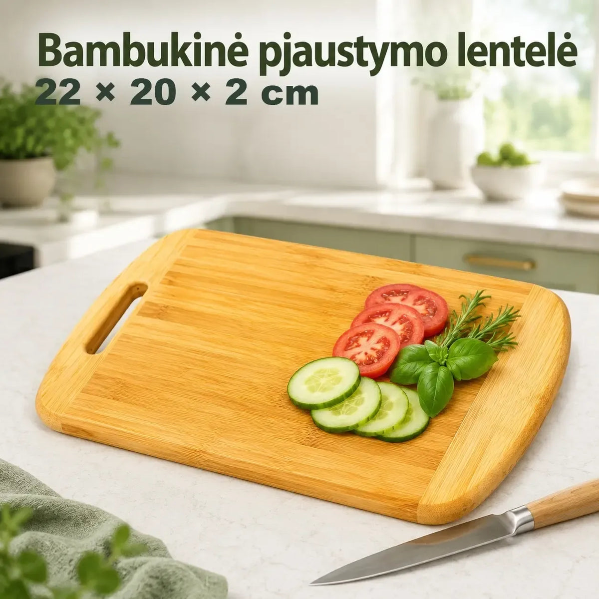 Bambukinė pjaustymo lentelė 22×20×2 cm, natūralaus bambuko medžiaga, tinka maistui ruošti ir pjaustyti.