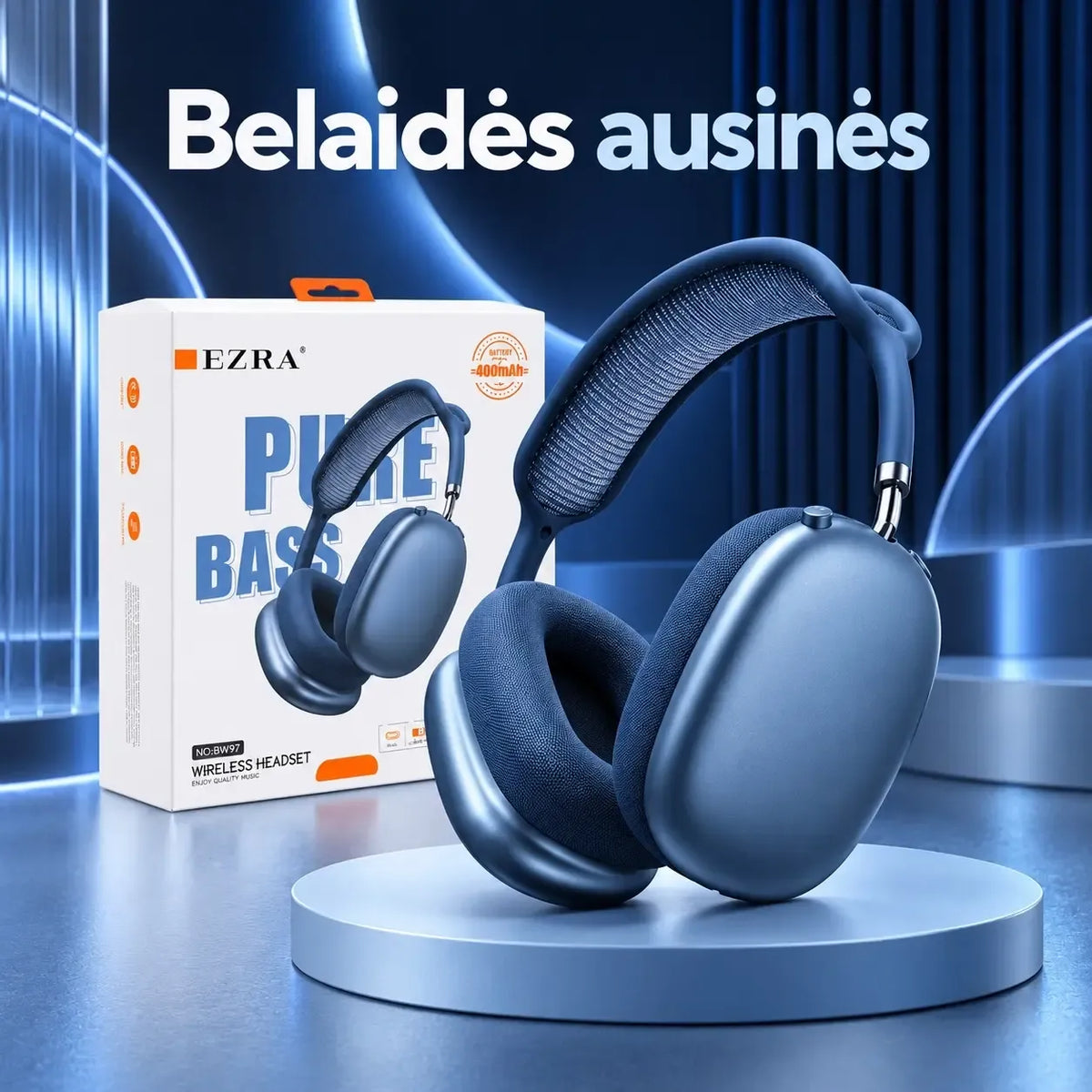 Belaidės ausinės EZRA BW97 mėlynos spalvos, su ergonominiu dizainu ir įkrovimo dėklu, matomos ausinės ir jų detalės.