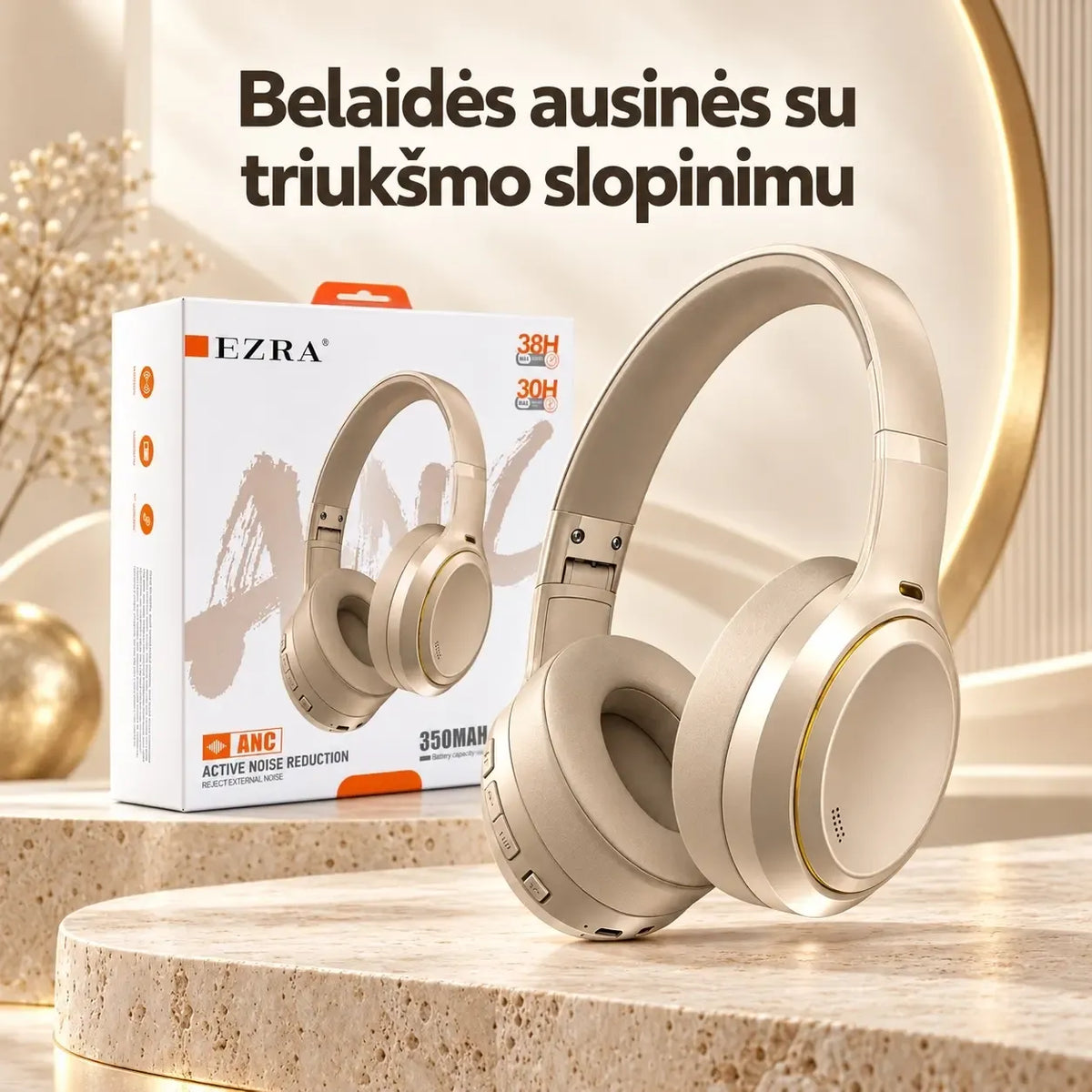 Belaidės ausinės EZRA BW95 su aktyviu triukšmo slopinimu, juodos spalvos, patogios ir modernios ausinės.
