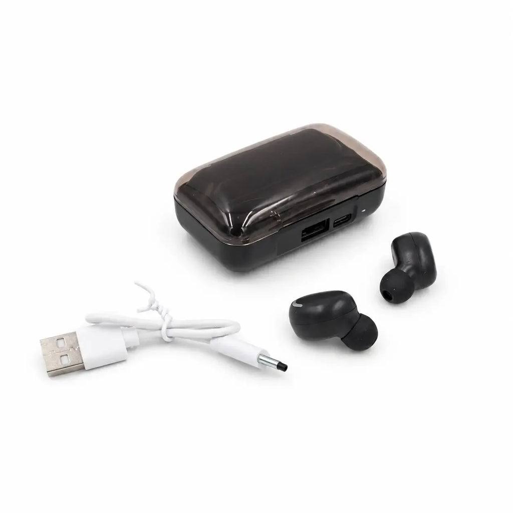 Belaidės Bluetooth ausinės su įkrovimo dėklu, juodos spalvos, modernus dizainas, įmontuoti mikrofonai ir komfortiškos klausymo galimybės.