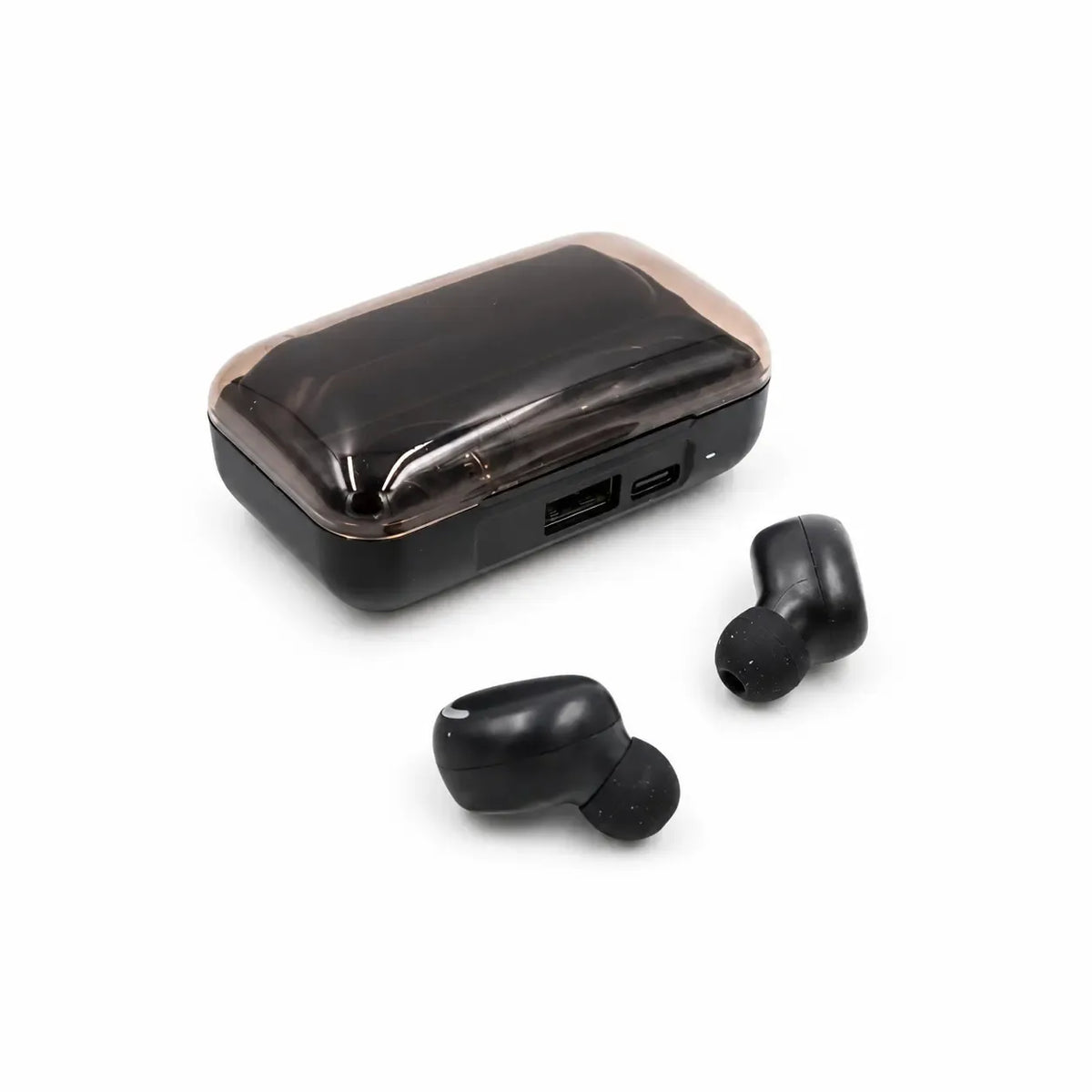 Belaidės Bluetooth ausinės su įkrovimo dėklu, juodos spalvos, kompaktiškos ir modernios ausinės su mikrofonu.