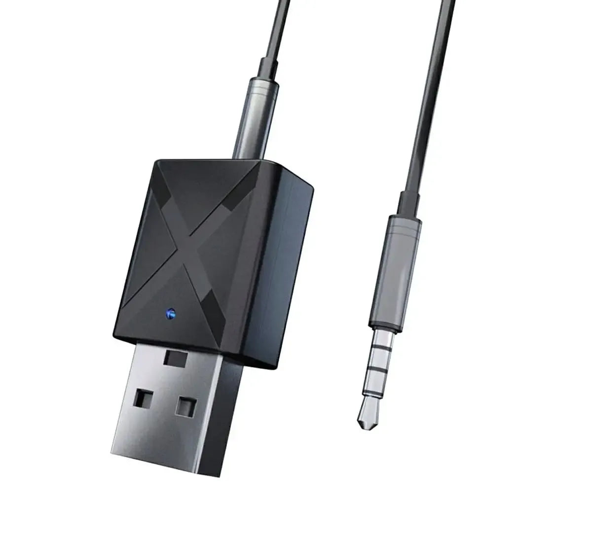 Bluetooth garso siųstuvas ir imtuvas 2-in-1 adapteris, prijungtas prie audio įrenginio, su LED indikatoriais ir kompaktiška išvaizda