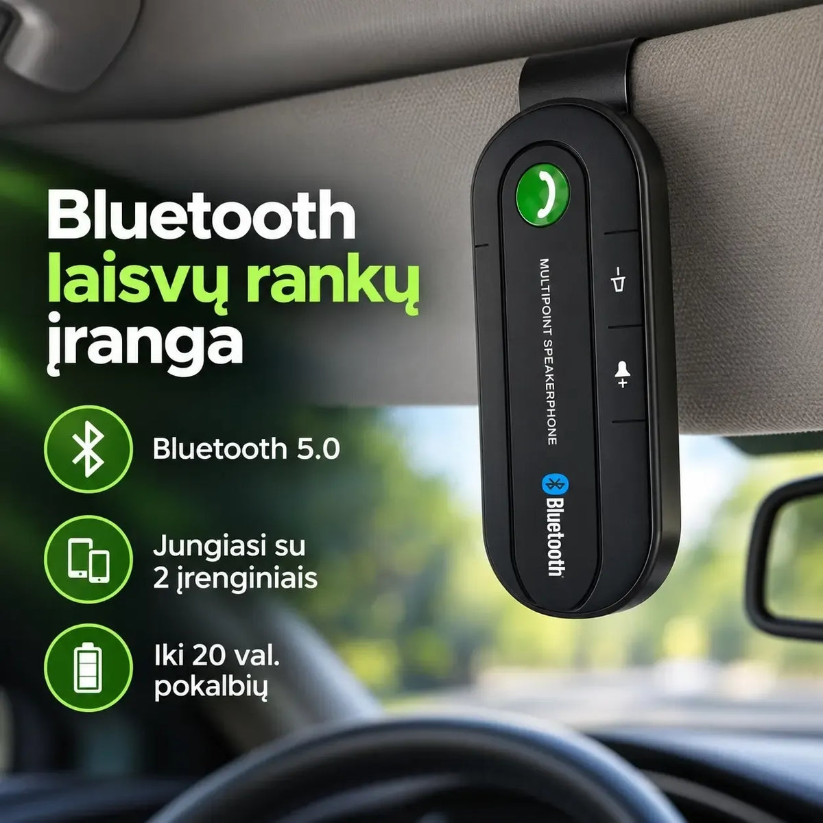 Bluetooth laisvų rankų įranga automobiliui su mikrofonu ir valdymo mygtukais, tinka bevieliam ryšiui automobilyje