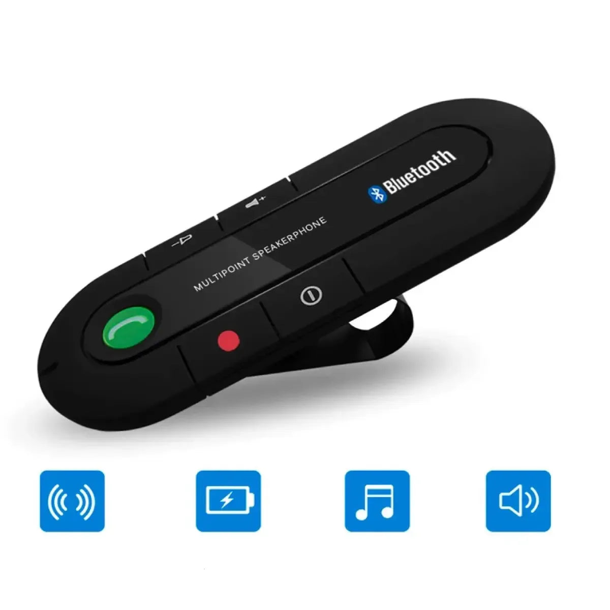 Bluetooth laisvų rankų įranga automobiliui, su mikrofonu ir valdymo mygtukais, skirta patogiam skambučių valdymui.