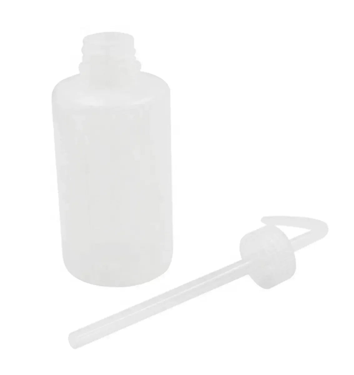 Buteliukas blakstienoms plauti, 250 ml, skaidrus plastiko buteliukas su valymo antgaliu ir ženklu.