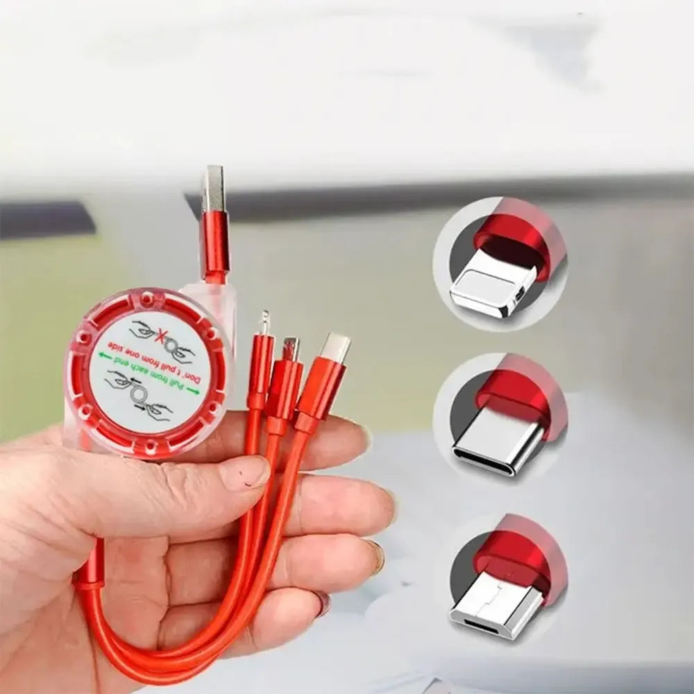 Daugiafunkcinis ištraukiamas USB laidas 3-in-1, 120 cm, sidabrinis, su USB-C, micro USB ir Lightning jungtimis, lankstus ir patogus naudoti.