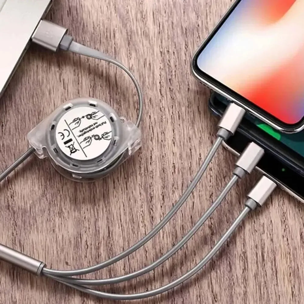 Daugiafunkcinis ištraukiamas USB laidas 3-in-1, 120 cm, matomas laido jungtys ir ištraukimo mechanizmas.