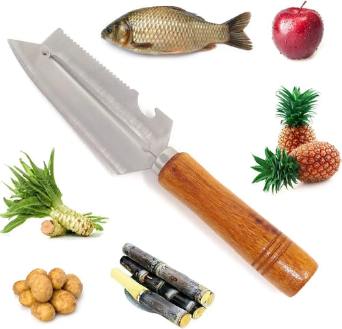 Daugiafunkcinis virtuvinis peilis-skustukas 3in1 su medine rankena, įrankis maisto ruošimui ir pjovimui.