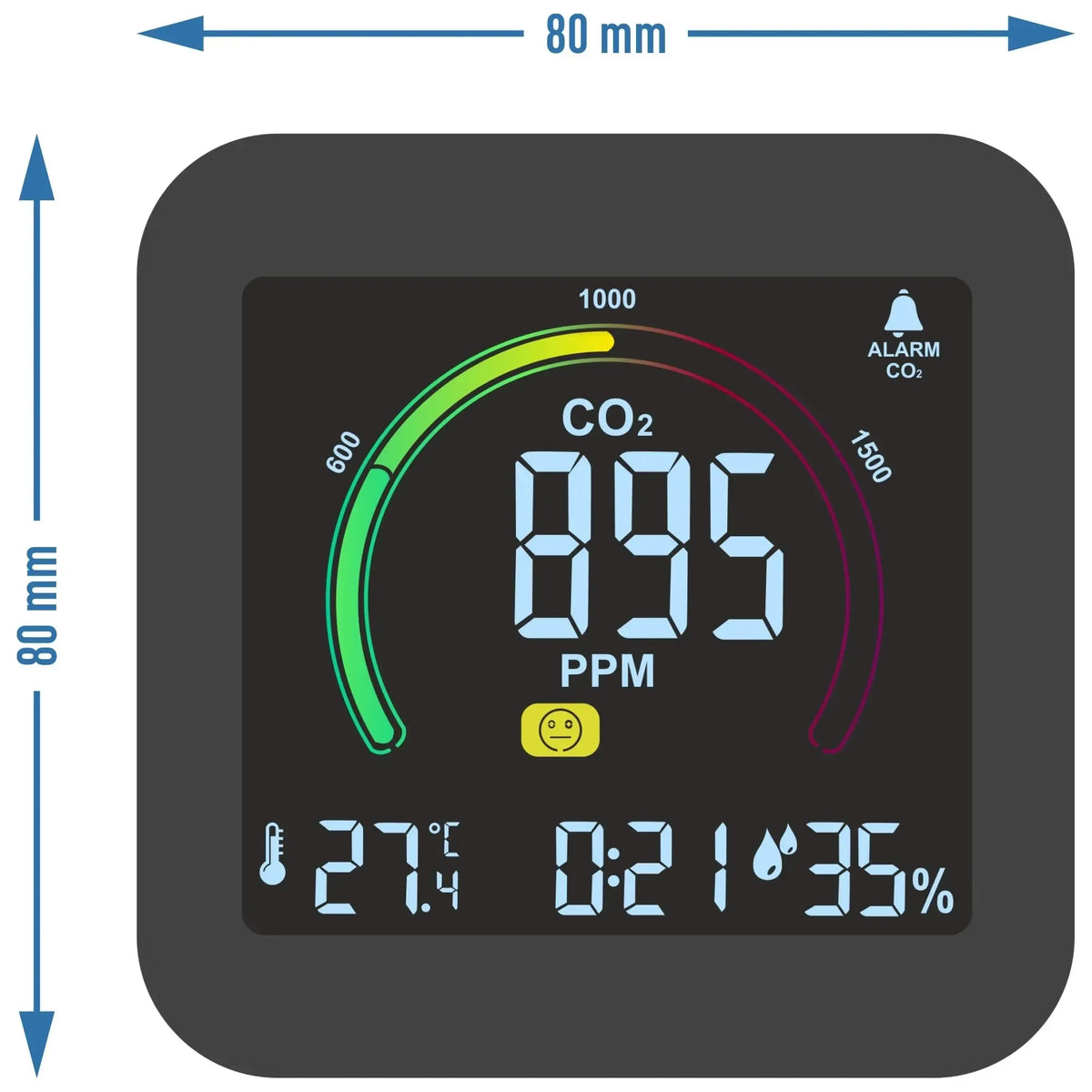 Daugiafunkcis oro kokybės jutiklis su CO2, temperatūros ir drėgmės matuokliu, naudojamas patalpų oro kokybės stebėjimui.