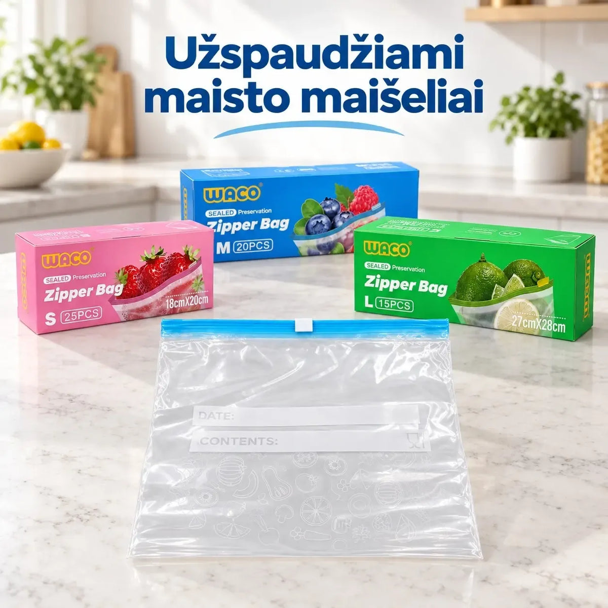 Daugkartinio naudojimo užspaudžiami maišeliai 18×20 cm, 25 vnt., sandarūs ir patvarūs maisto laikymui.