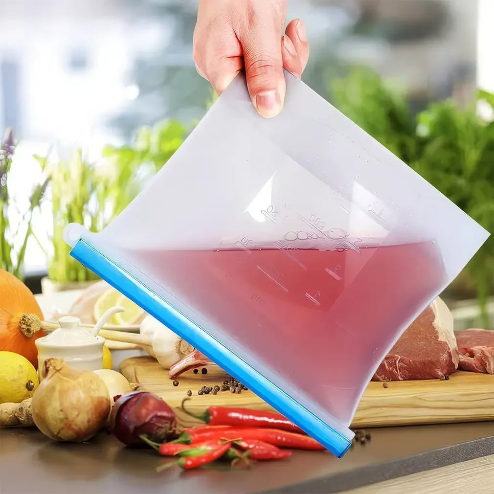 Daugkartinis silikoninis maisto laikymo maišelis 1000 ml, lankstus ir tvirtas, tinkamas maisto laikymui ir šaldymui.