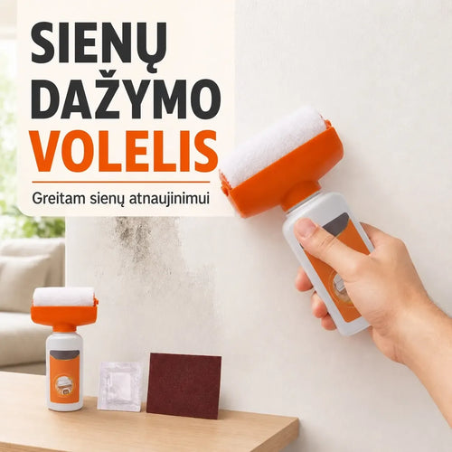 Dažymo rinkinys Metope Drum Paint, apimantis dažymo priemones ir įrankius sienų dekoravimui.