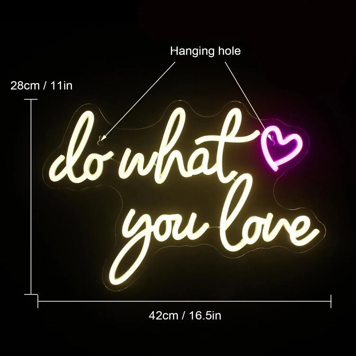 Dekoratyvinis LED šviestuvas „Do What You Love“ su šviesiu tekstu, modernus ir šviesus apšvietimas namų interjerui.