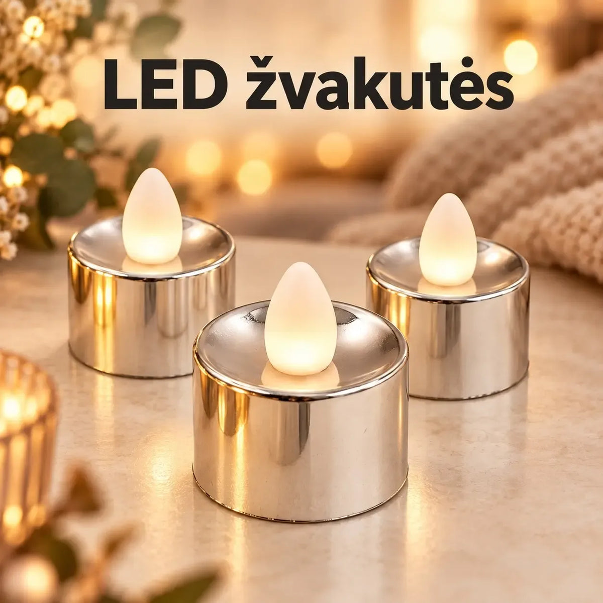 Sidabrinė dekoratyvinė LED žvakutė, 3,5 × 3,5 cm, su švelnia šviesa ir moderniu dizainu, puikiai tinka interjero dekoravimui.