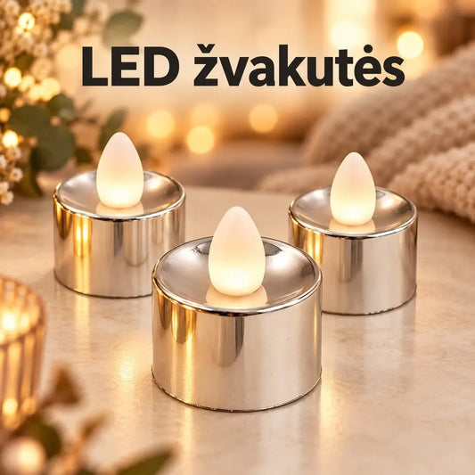 Sidabrinė dekoratyvinė LED žvakutė, 3,5 × 3,5 cm, su švelnia šviesa ir moderniu dizainu, puikiai tinka interjero dekoravimui.