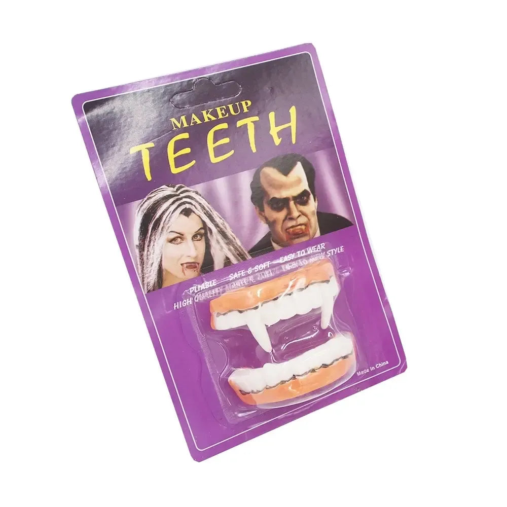 Dirbtiniai vampiro dantys, plastikiniai, su juodomis detalėmis, išsamiai parodyta, idealūs kostiumo aksesuarai Halloween vakarėliui