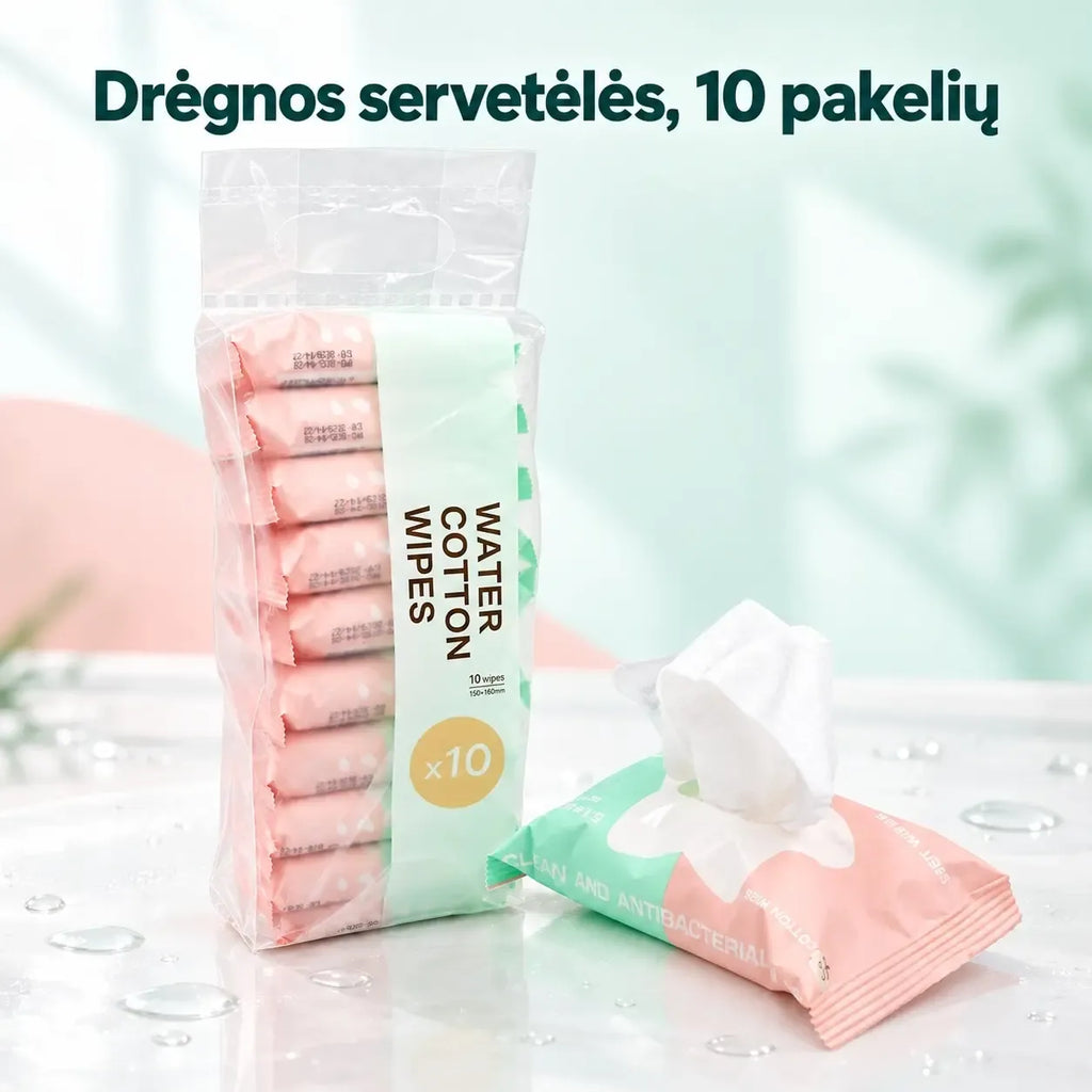 Drėgnos servetėlės su 99 % vandens, 10 pakuočių po 10 vnt., švariai ir švelniai valymui.