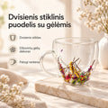 Dvigubo stiklo puodelis su gėlių dekoracijomis, 250 ml, aiškiai matoma stiklo tekstūra ir spalvingas gėlių ornamentas.